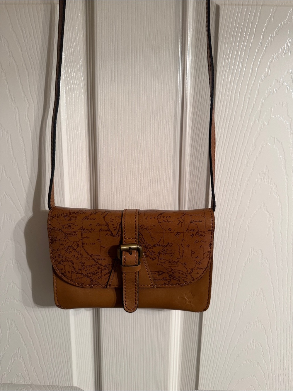Patricia Nash Tan Leather Map-Print Crossbody Bag